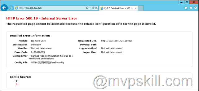 ปัญหา IIS8.0 ย้าย Web Folder ไปไว้ D: HTTP Error 500.19 - Internal Server Error