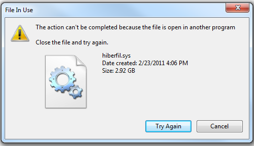 ไม่สามารถลบ hiberfil.sys