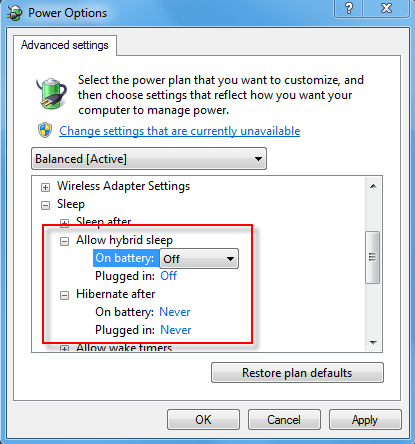 disable hibernate windows 7