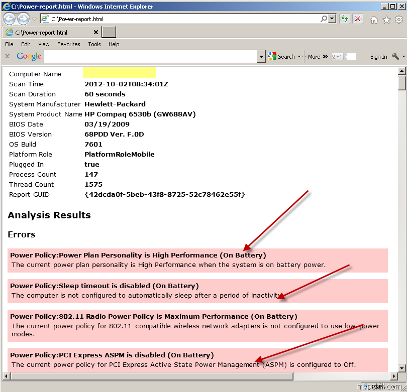 รายงานวิเคราะห์การใช้พลังงาน Notebook หรือ PC ด้วย powercfg.exe