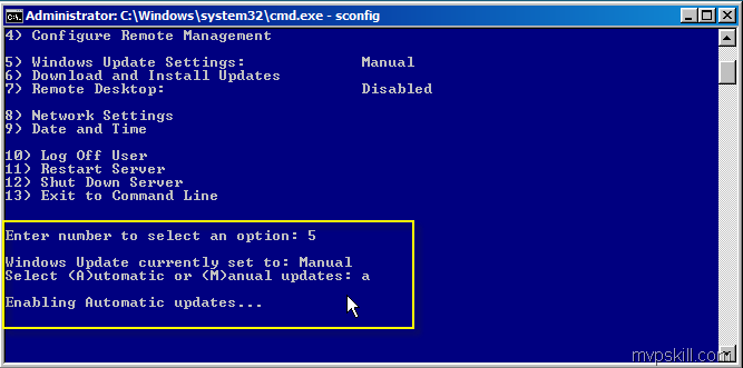 วิธีการเปิด Windows Automatic Updates บน Server Core Windows 2008, Windows 2008R2