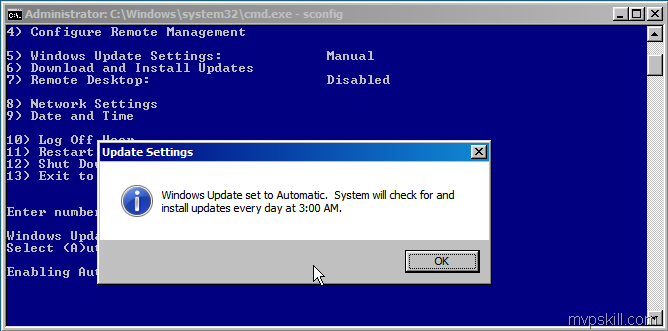 วิธีการเปิด Windows Automatic Updates บน Server Core Windows 2008, Windows 2008R2