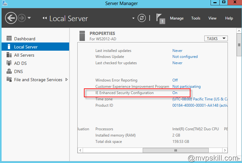 server 2016 internet explorer enhanced security disable