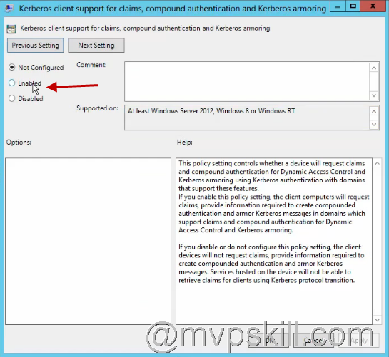 User Claims Unknow ปัญหา Kerberos support for dynamic access control on this device has been disabled. 