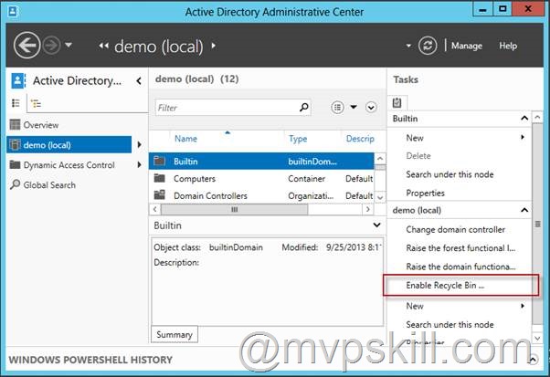 การกู้คืน Object ที่ถูกลบไปแล้วด้วย Active Directory Recycle Bin บน Windows Server 2012