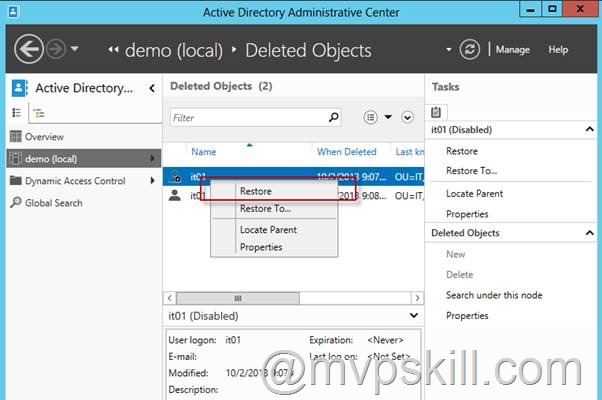 การกู้คืน Object ที่ถูกลบไปแล้วด้วย Active Directory Recycle Bin บน Windows Server 2012